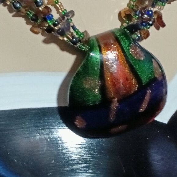 Boho Multistrand Beaded Art Glass Pendant Necklace Statement - Picture 9 of 11